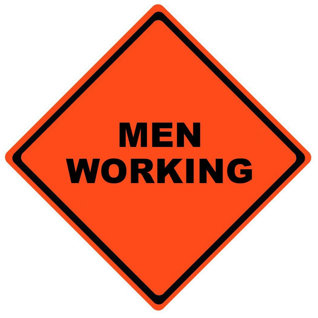 men working roll up sign